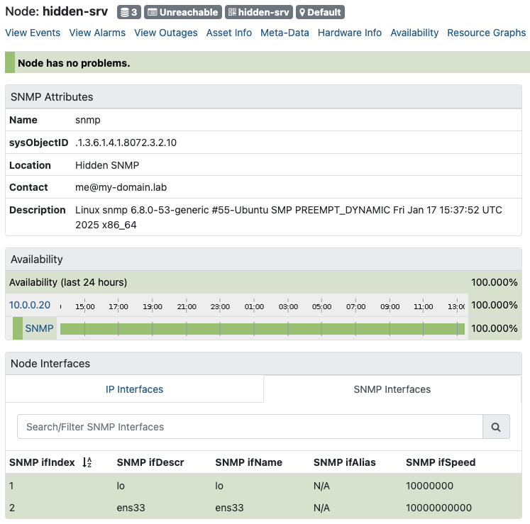 OpenNMS node page for the hidden SNMP server